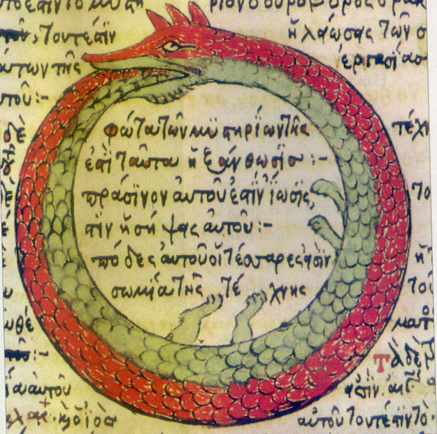 An ouroboros, a serpent eating its own tail